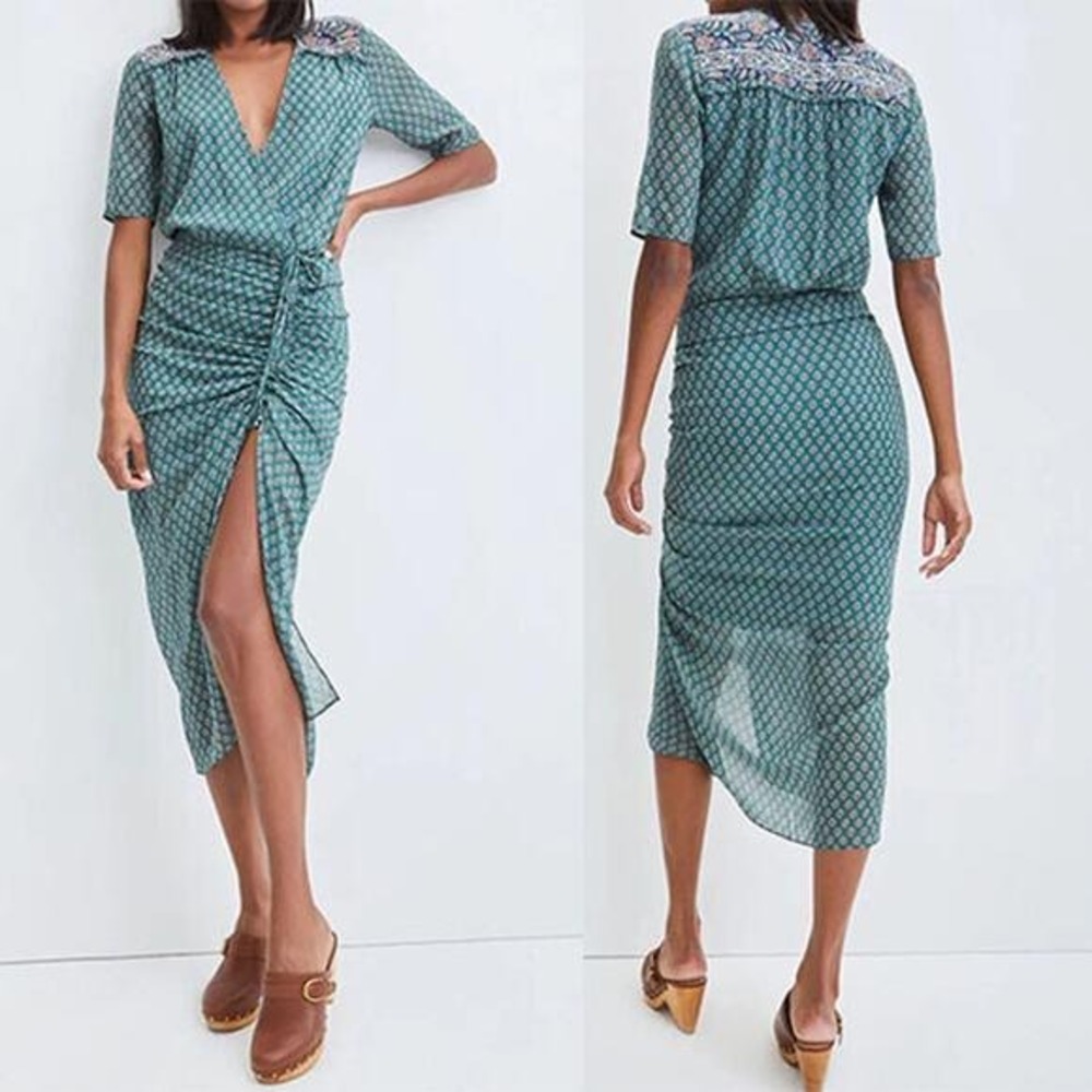 Veronica Beard Mariposa Silk Midi Dress Seaglass Green Ruched Boho Chic Plus 20